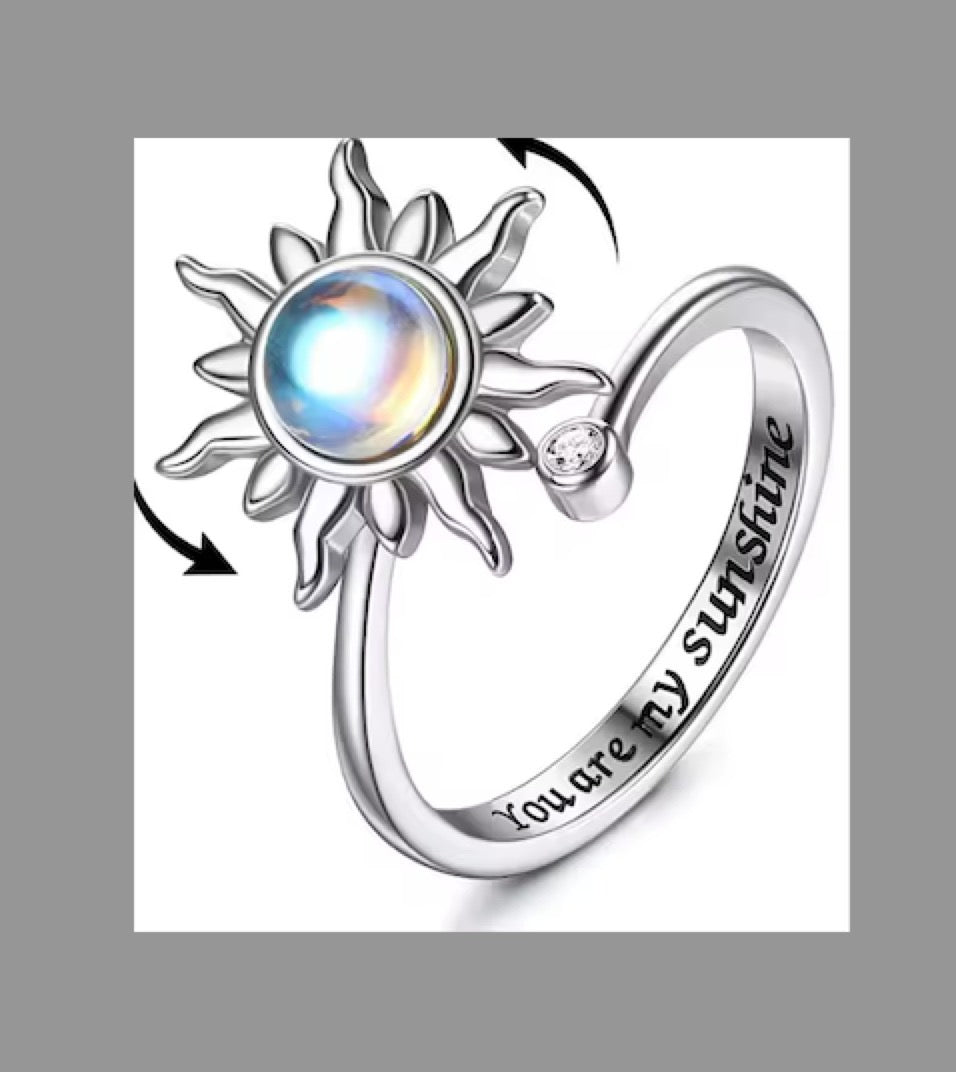Unique adjustable copper anti stress sun fidget ring. “You are my Sunshine “ written inside the ring.