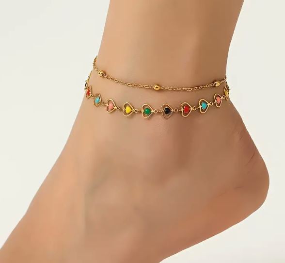 Double chain gold plated stainless steel anklet with colored enamel hearts and beads