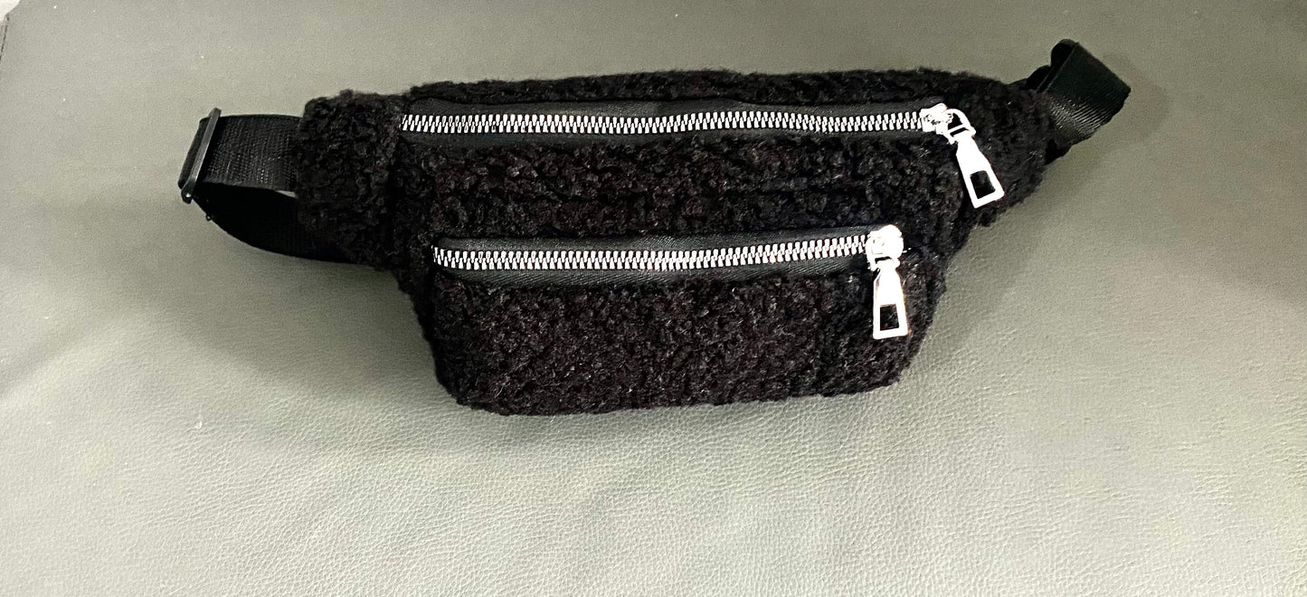 Trendy plush double zipper belt, crossbody and shoulder bag