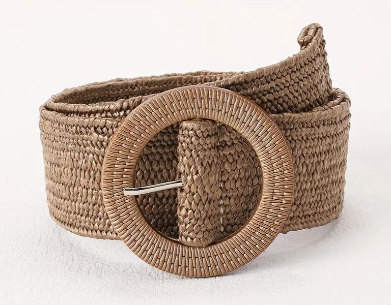 Coffee colour elastic braided straw belt with round buckle