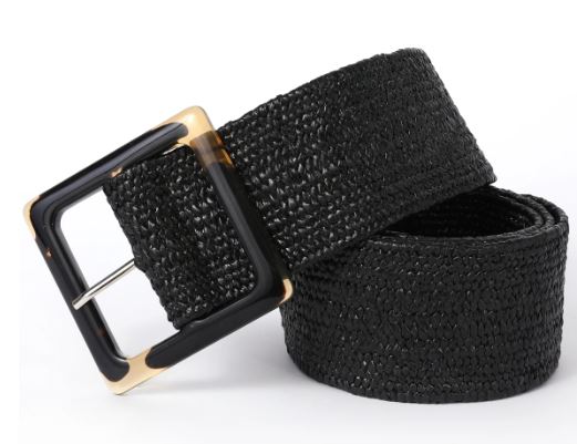 Black elastic woven belt with faux tortoise Shell squared buckle