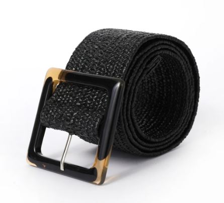 Black elastic woven belt with faux tortoise Shell squared buckle