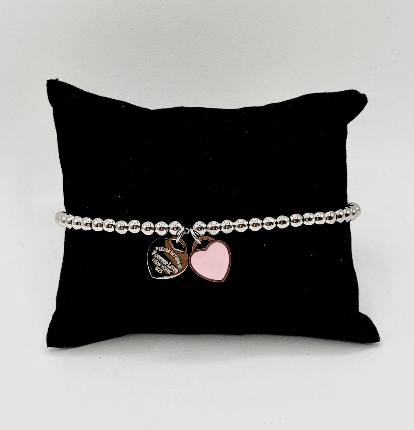 Adjustable stainless steel beads bracelet with double heart charms