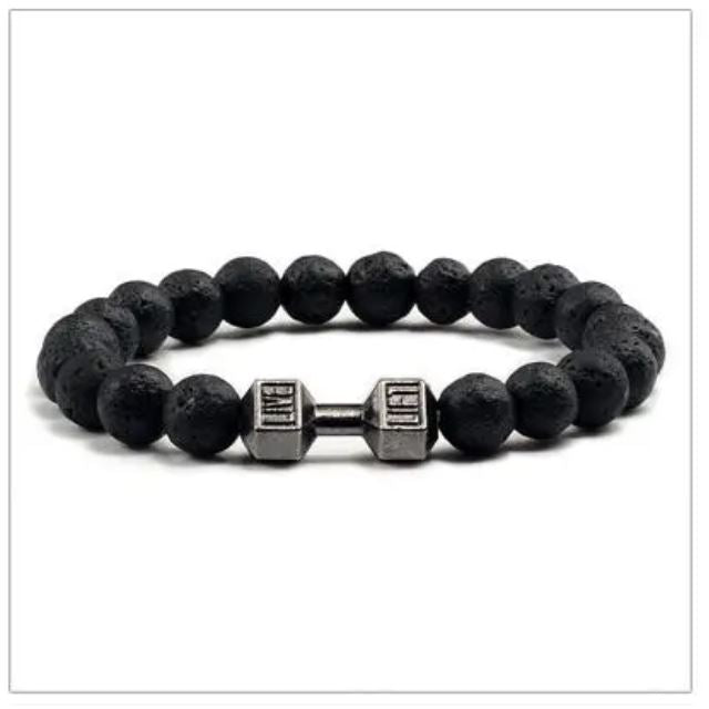 Men's semi-precious lava stone bracelet with dumbbell charm