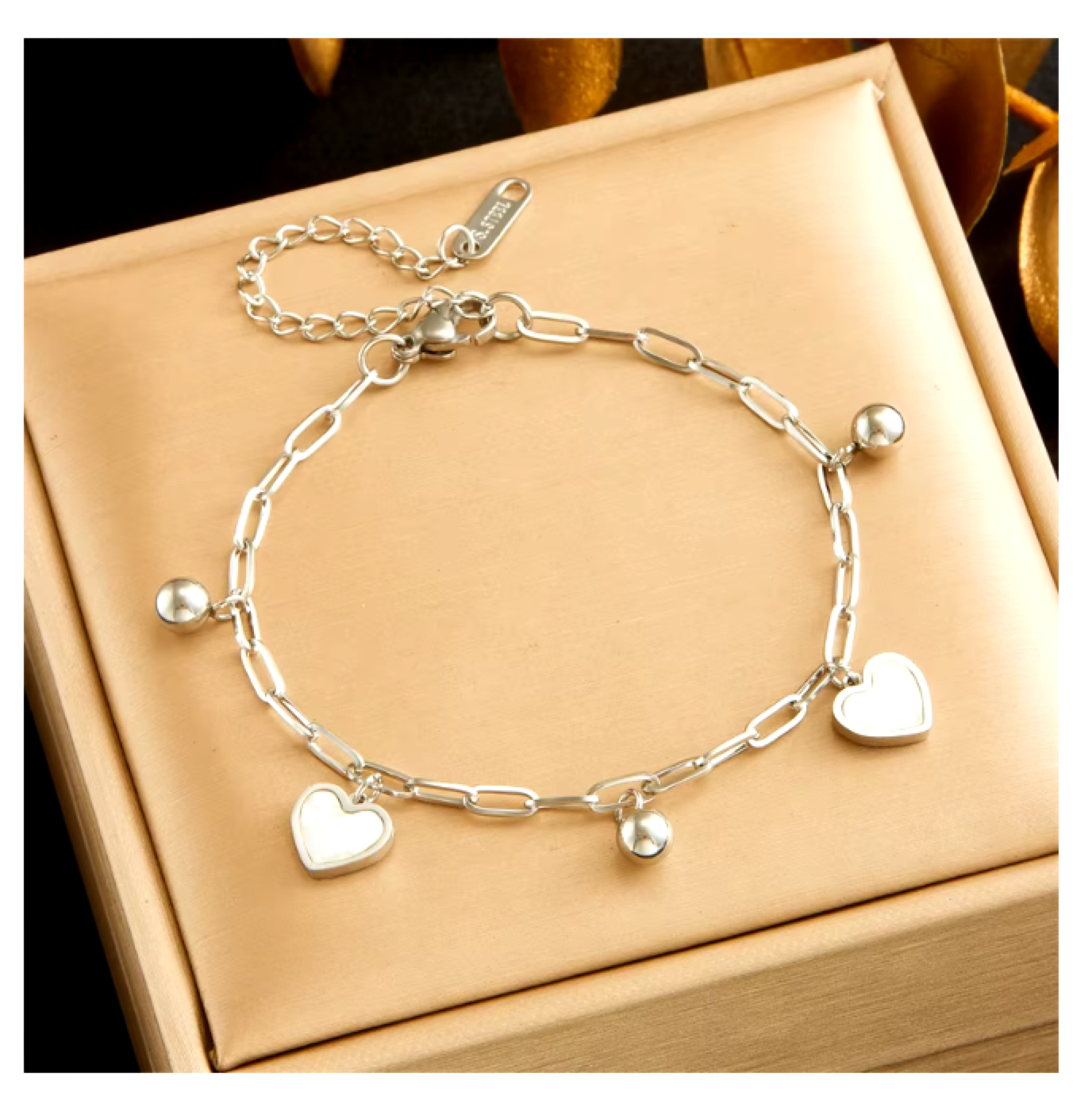 Delicate Stainless Steel Chain Bracelet With White Enamel Heart Charms And Beads