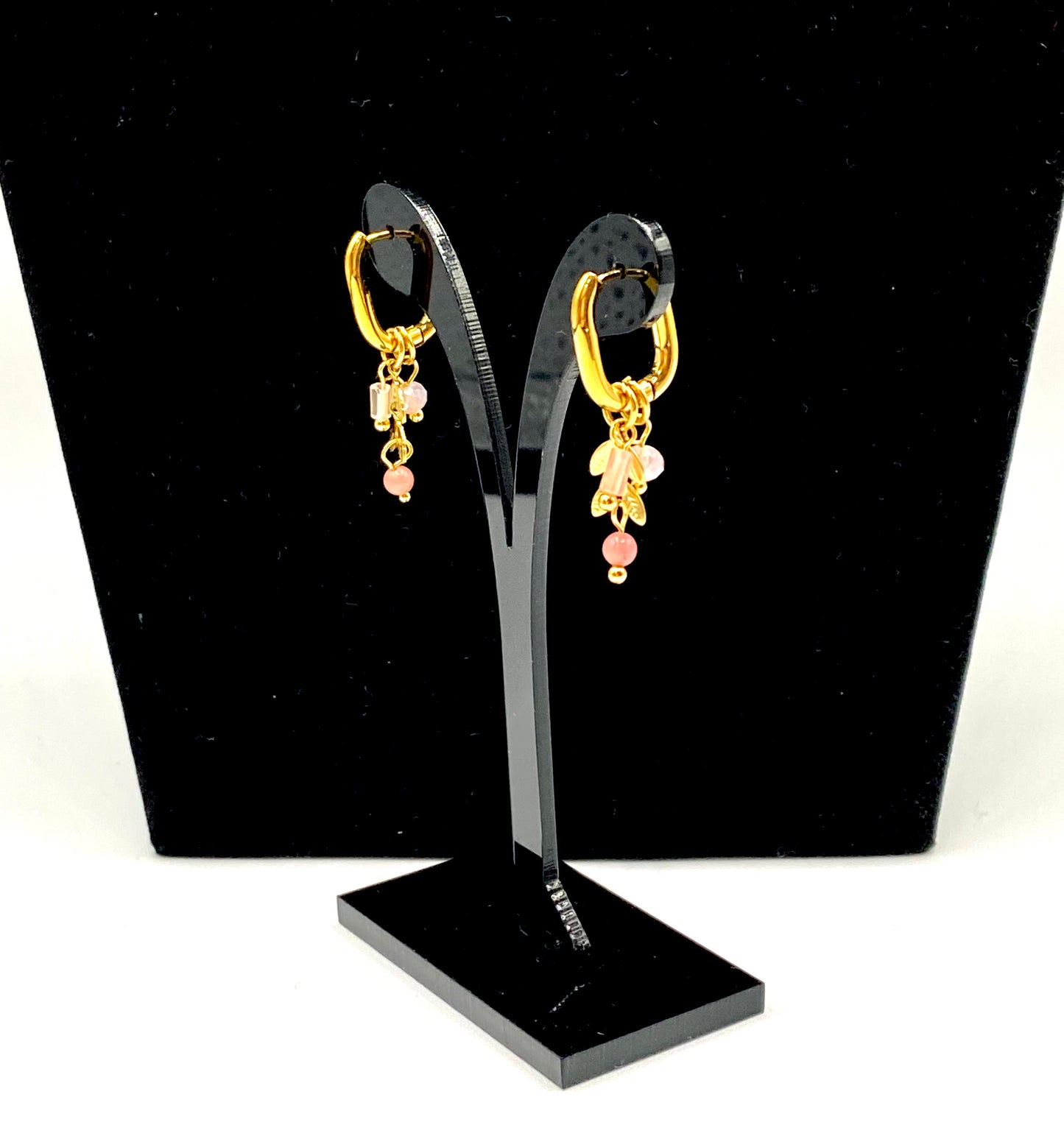 18K gold plated stainless steel hoop earrings with pink natural stone beads