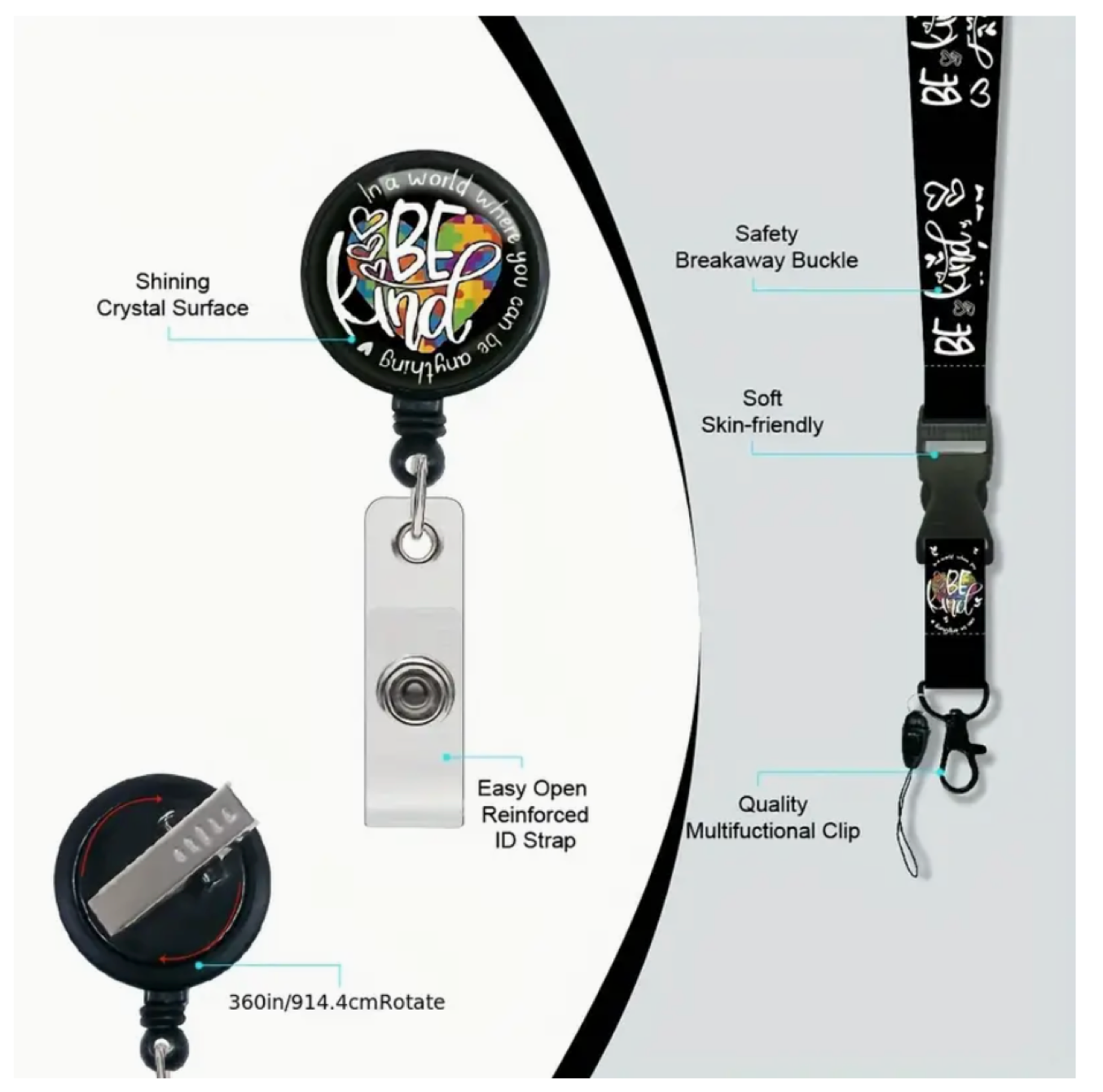 Nice Black Colour "Be Kind" Retractable ID Badge With Lanyard