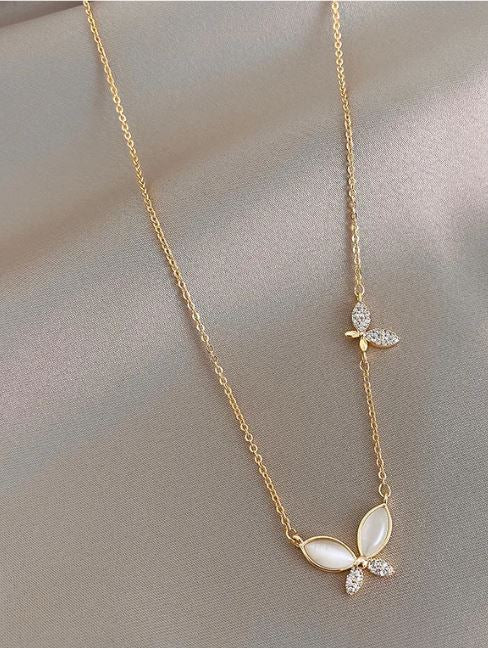 Delicate Gold Plated Stainless Steel Necklace With Opal & Zircons Butterflies