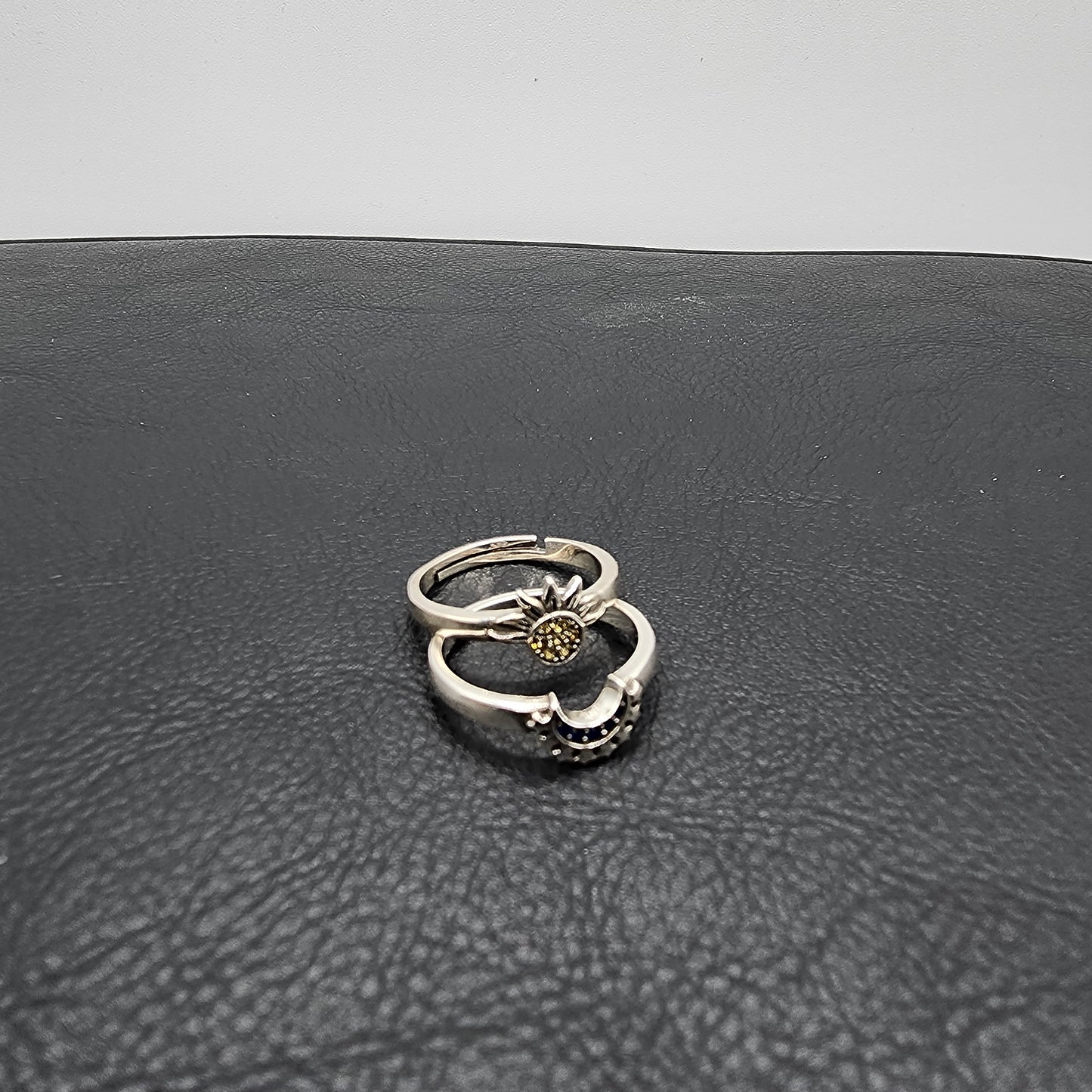 2-piece adjustable Silver plated copper double stack ring with shiny zircon sun & moon ring