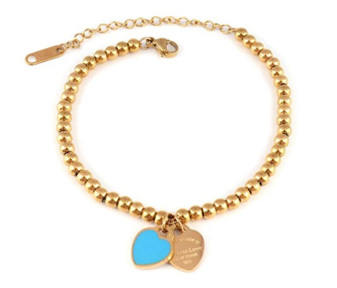 Stainless steel 3 mm beads bracelet with blue heart charm