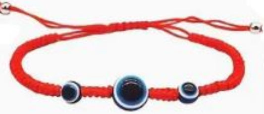 Adjustable red lucky braided bracelet with 3 Evil Eye charm