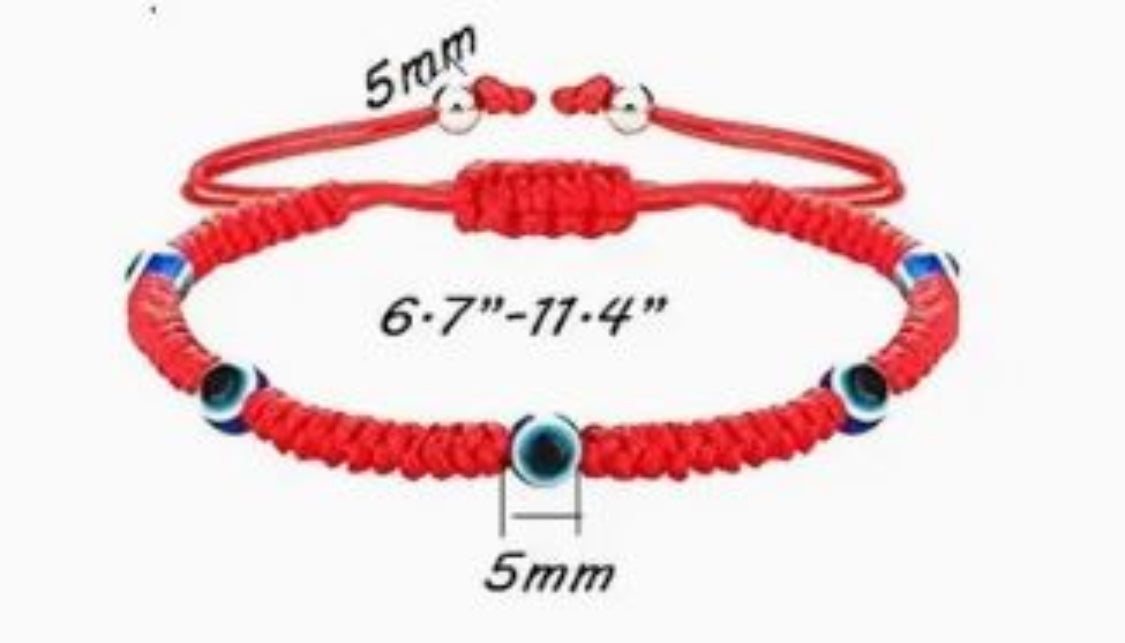 Adjustable red lucky braided bracelet with 3 Evil Eye charm