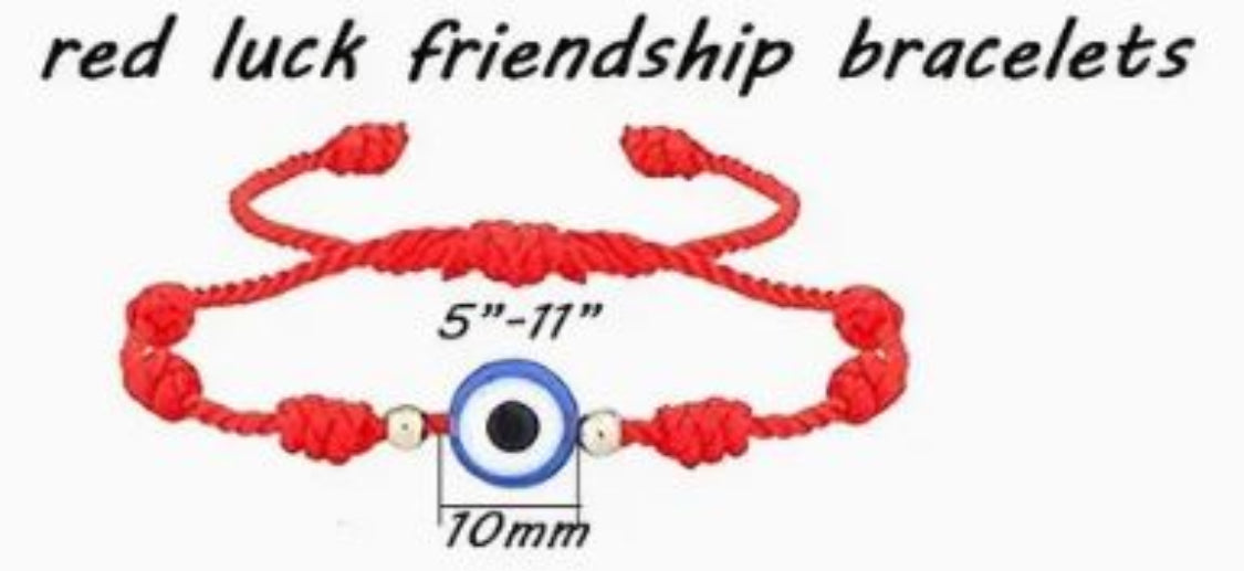 Adjustable lucky red rope bracelet with 6 knots and large Evil Eye charm