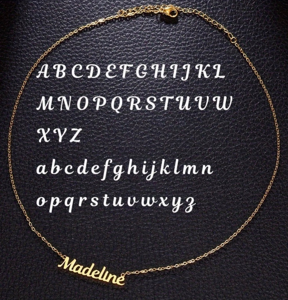 Customizable beautiful gold plated stainless steel necklace with personalized name. Pre-order for delivery between 10-15 business days.