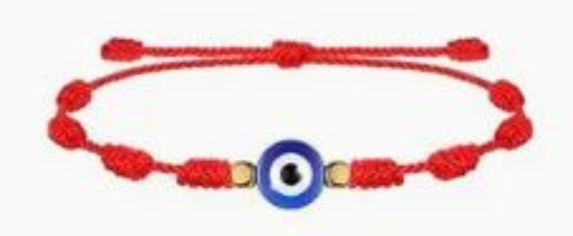 Adjustable lucky red rope bracelet with 6 knots and large Evil Eye charm