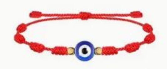 Adjustable lucky red rope bracelet with 6 knots and large Evil Eye charm