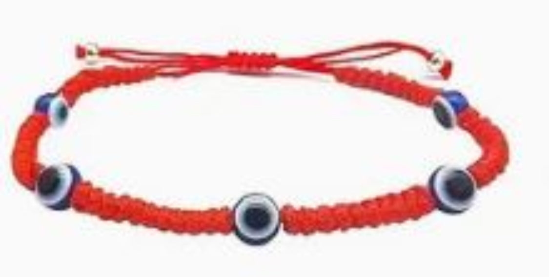 Adjustable red lucky braided bracelet with 5 Evil Eye charm