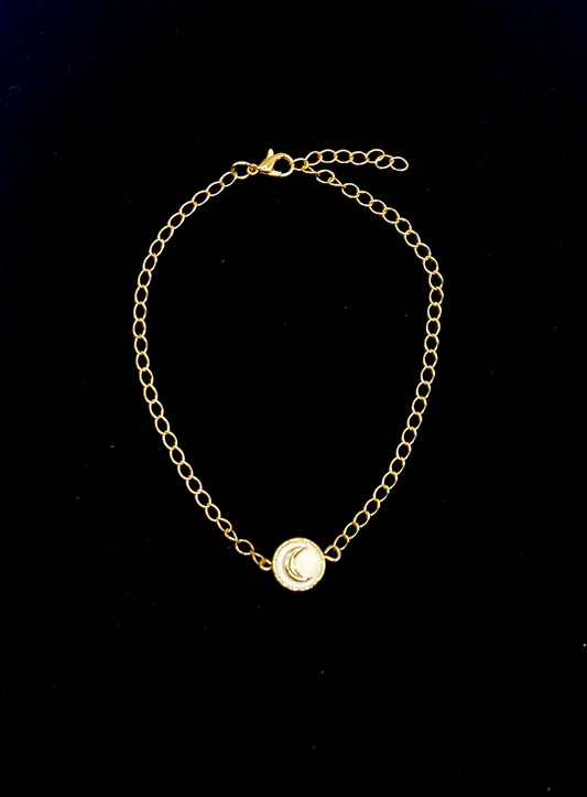 Adjustable gold plated ankle bracelet with Moon in circle charm