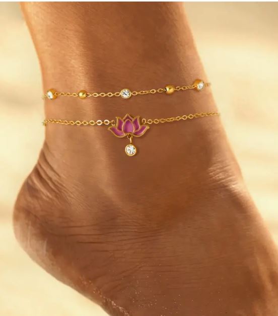 Adjustable gold plated stainless steel double chain anklet with pendant and zircon beads.