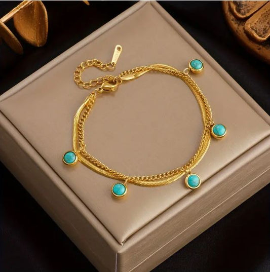 Double gold plated stainless steel chains anklet with turquoise charms