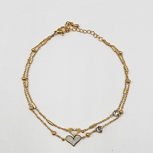 Double chain gold plated stainless steel anklet with heart charms and zircons