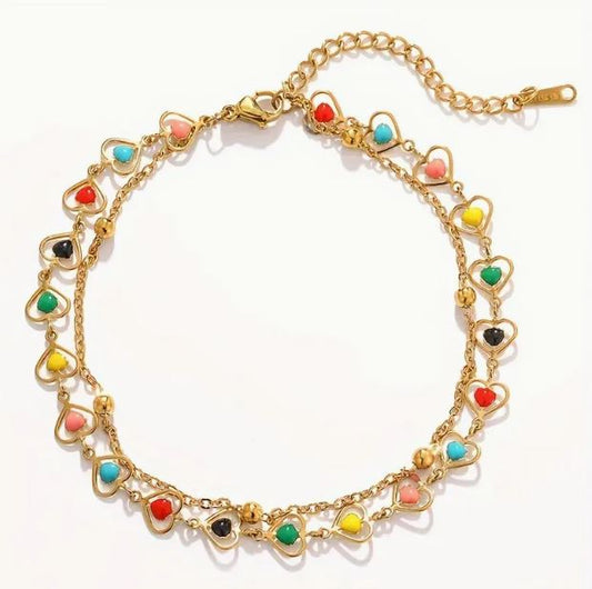 Double chain gold plated stainless steel anklet with colored enamel hearts and beads