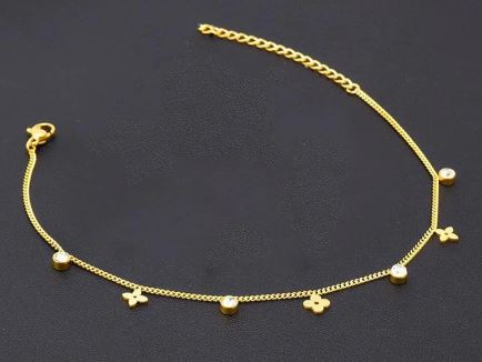 Gold Plated Stainless Steel Flowers And Zircons Anklet