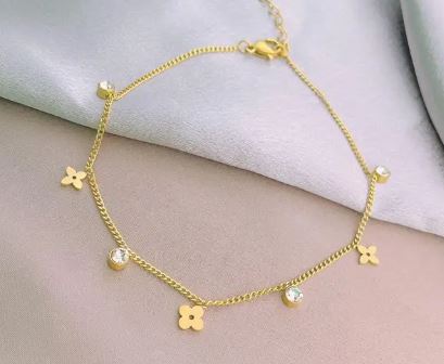 Gold Plated Stainless Steel Flowers And Zircons Anklet