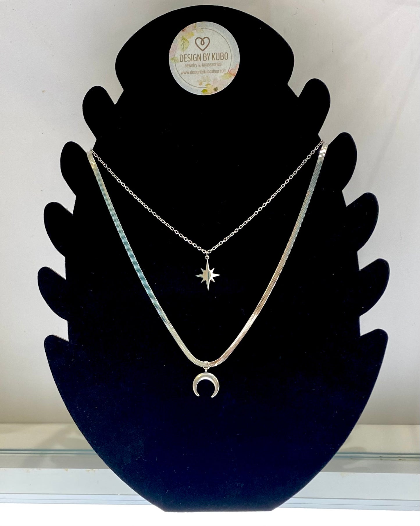 Adjustable 2-layers gold plated stainless steel necklace with moon and star charms