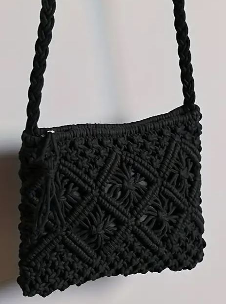 Medium size black woven crossbody bag / purse with tassel