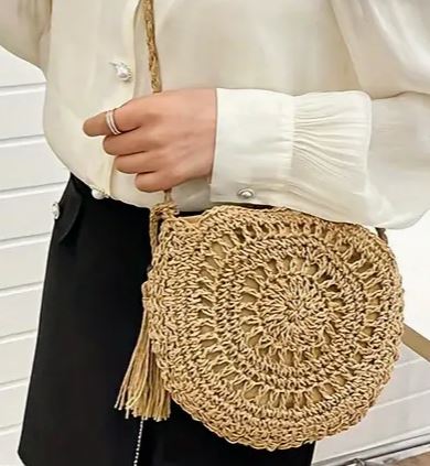 Round woven crossbody bag with tassel and wooden bead