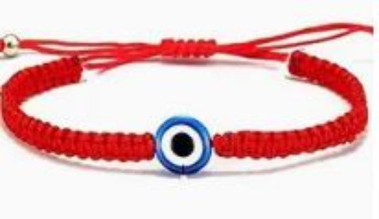 Adjustable red lucky braided bracelet with Large Evil Eye charm.