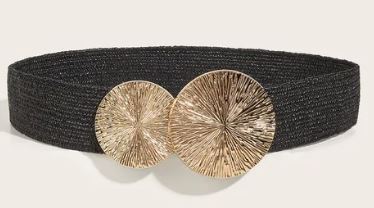 Elastic faux straw waist band / belt with two golden circle buckles