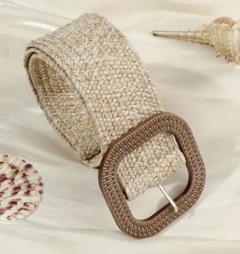 Elastic mix colored braided straw belt with coffee colored squared buckle