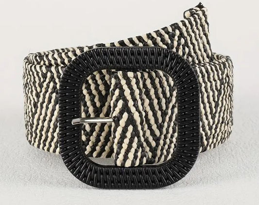 Mix colour black & ivory elastic braided straw belt with black colored squared buckle.