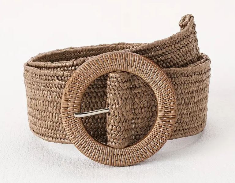 Coffee colour elastic braided straw belt with round buckle