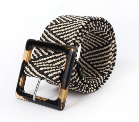 Mix black & ivory elastic woven belt with faux