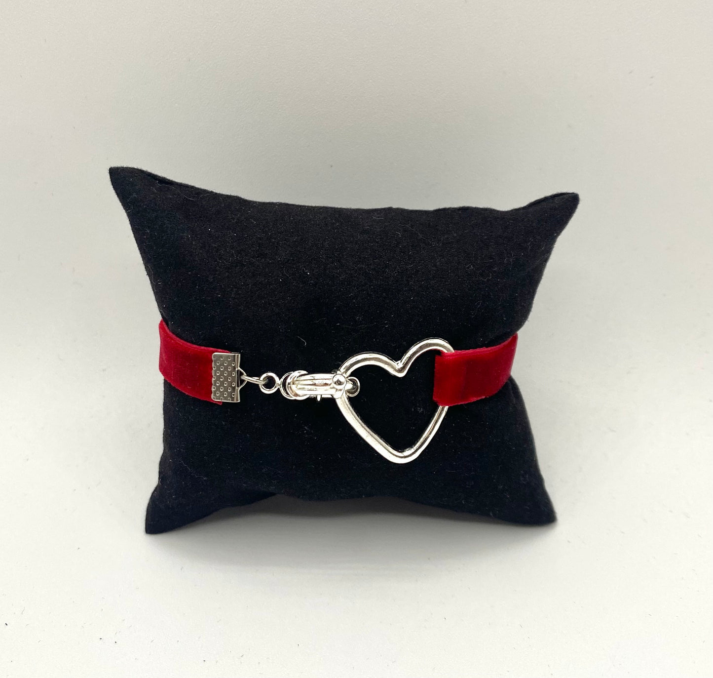 Red velvet ribbon bracelet with sterling silver heart charm