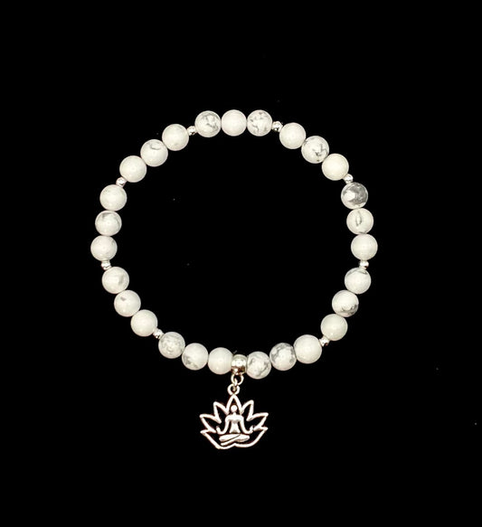 Howlite bead bracelet with silver plated beads and yoga charm