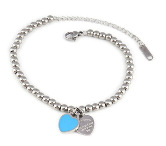 Stainless steel 3 mm beads bracelet with blue heart charm