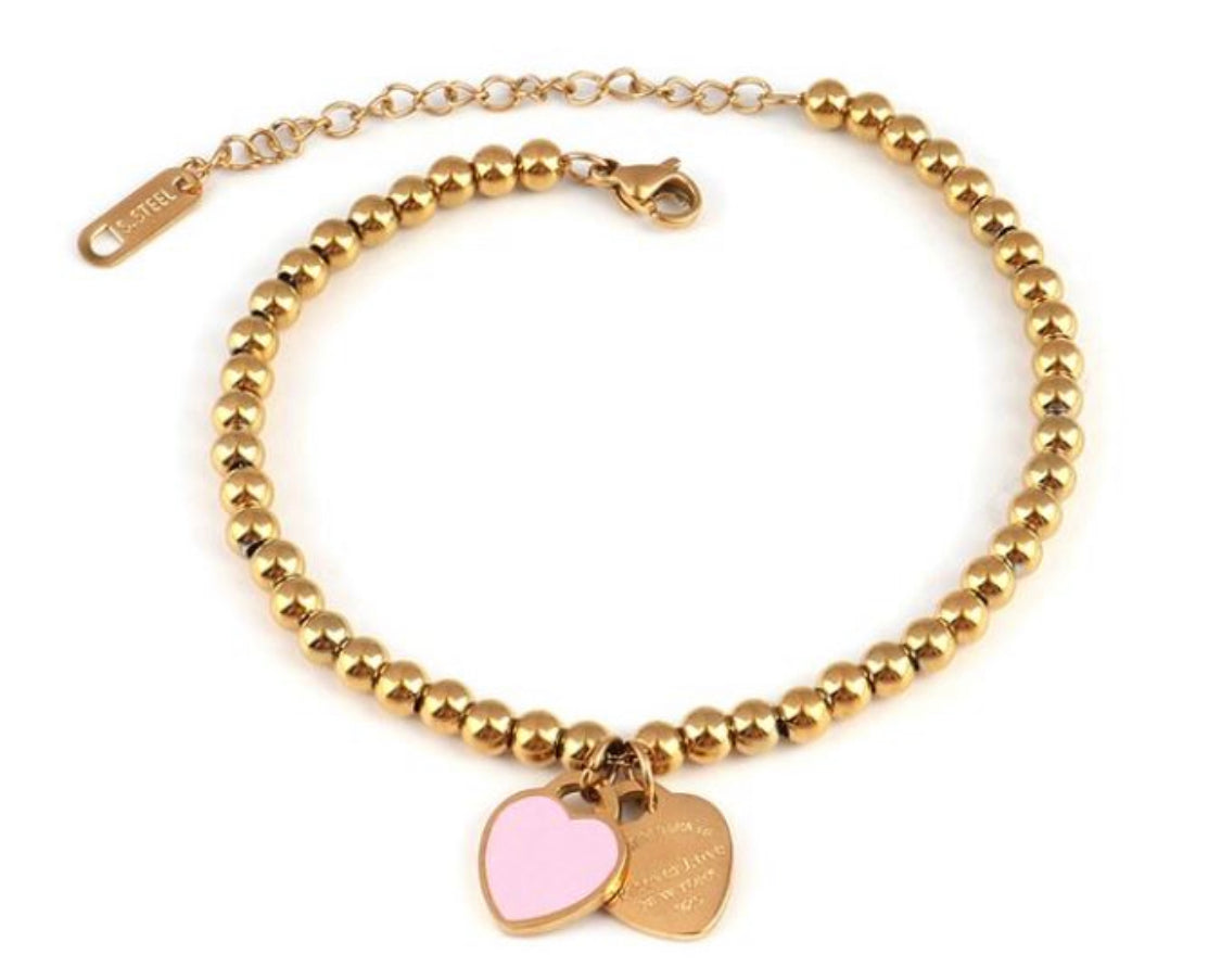 Adjustable golden stainless beads bracelet with pink heart charms