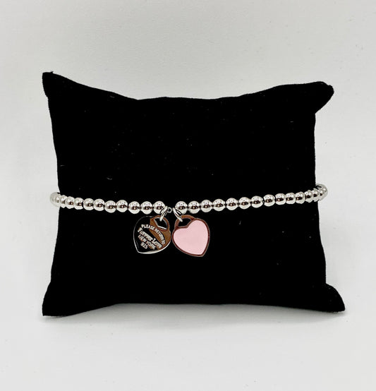 Adjustable stainless steel beads bracelet with double heart charms