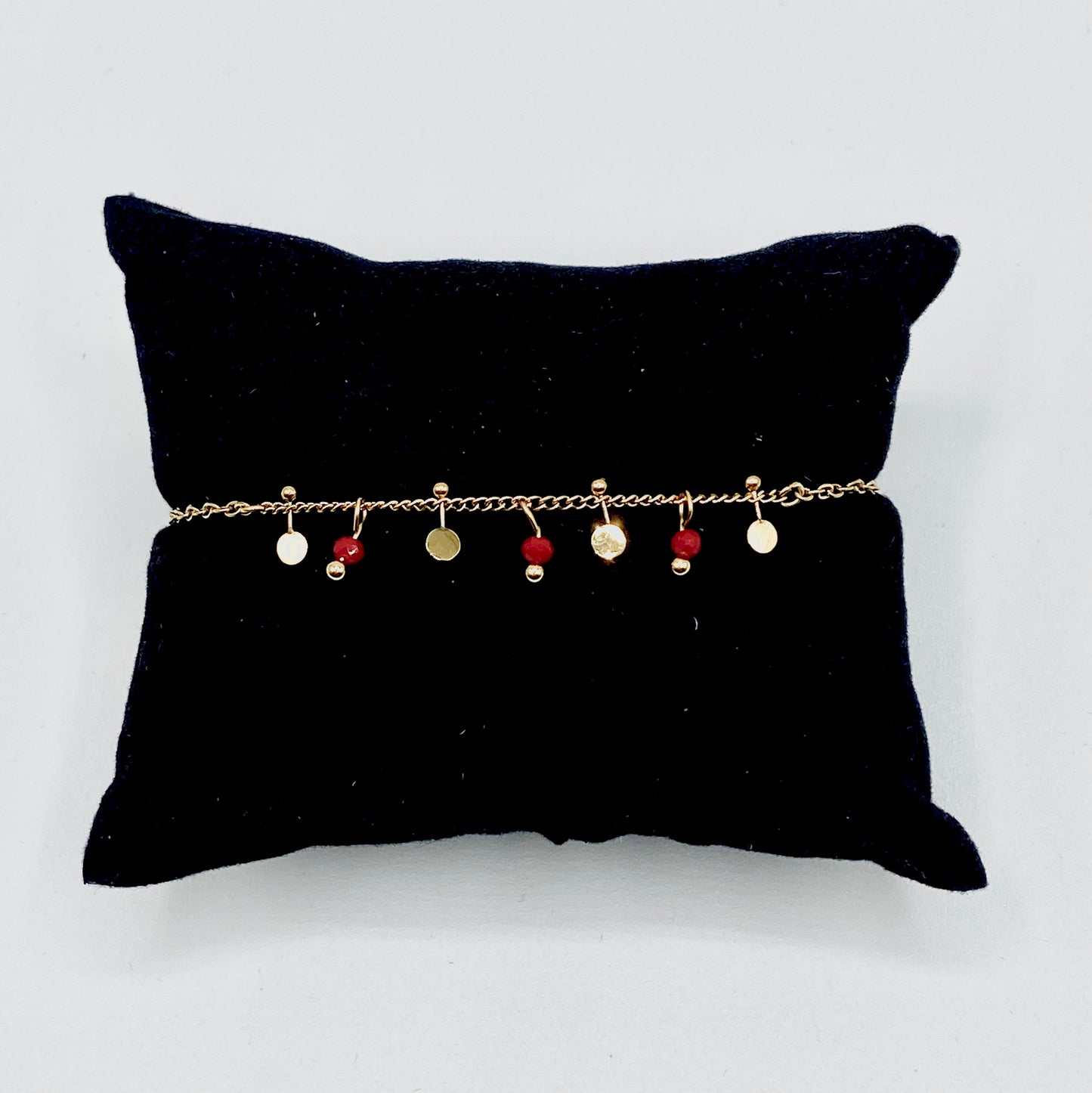 Adjustable 18K Gold plated stainless steel bracelet with hanging red beads