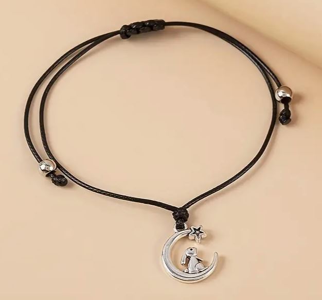 Adjustable bunny, moon and star "Make a Wish" black string bracelet