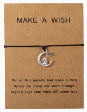 Adjustable bunny, moon and star "Make a Wish" black string bracelet