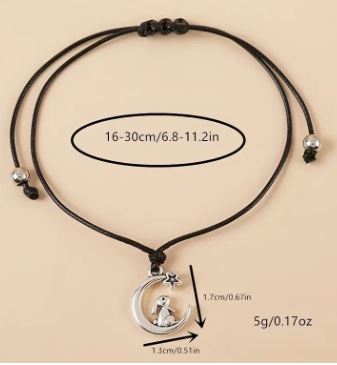 Adjustable bunny, moon and star "Make a Wish" black string bracelet