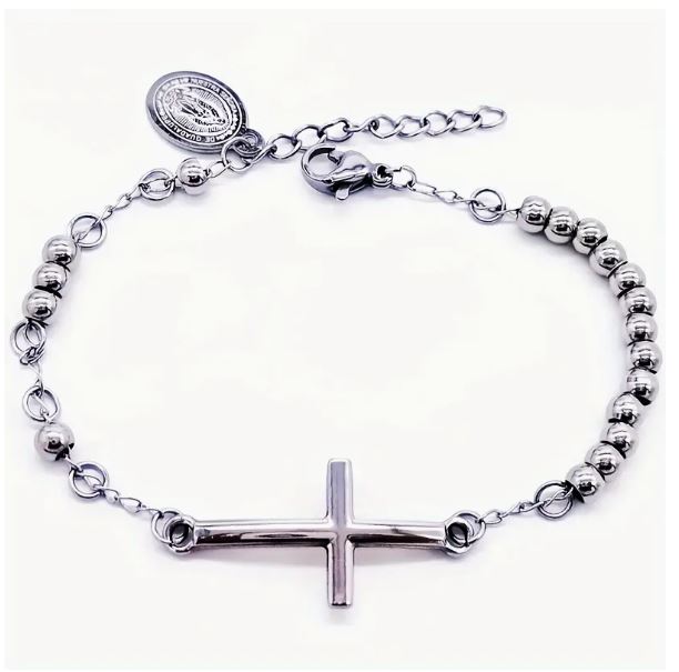 Delicate Stainless Steel Beads Rosary Bracelet with Large Cross