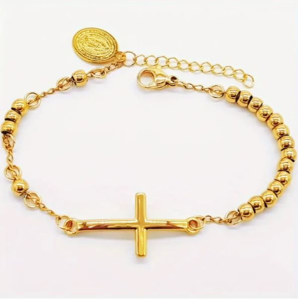 Delicate Stainless Steel Beads Rosary Bracelet with Large Cross