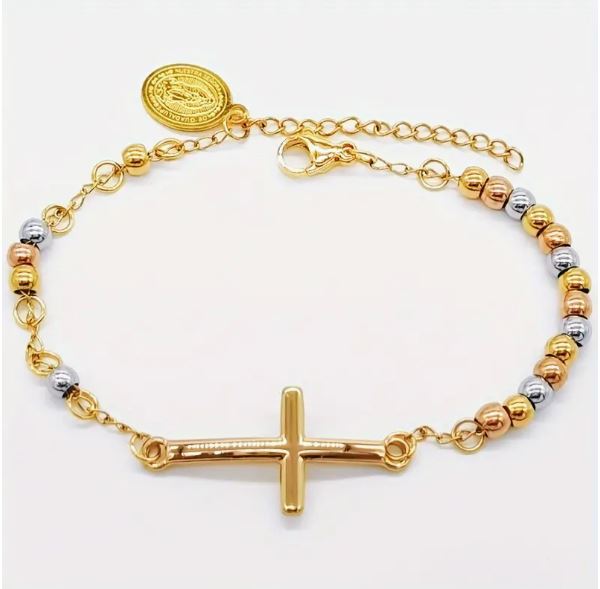 Delicate Stainless Steel Beads Rosary Bracelet with Large Cross