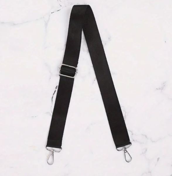 Adjustable solid black wide bag strap with silver colour metal clips for handbags